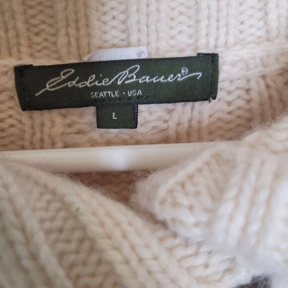 Eddie Bauer Womens Cable Knit Cream Sweater L Wool Blend Shawl buttons - Picture 3 of 5
